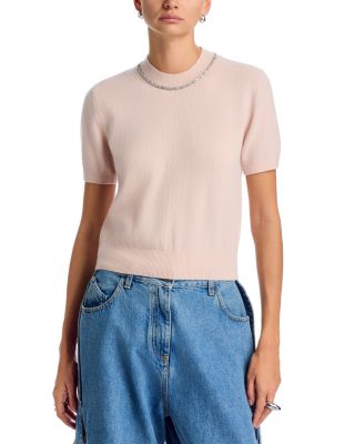 Embellished Wool Blend Short Sleeve Sweater