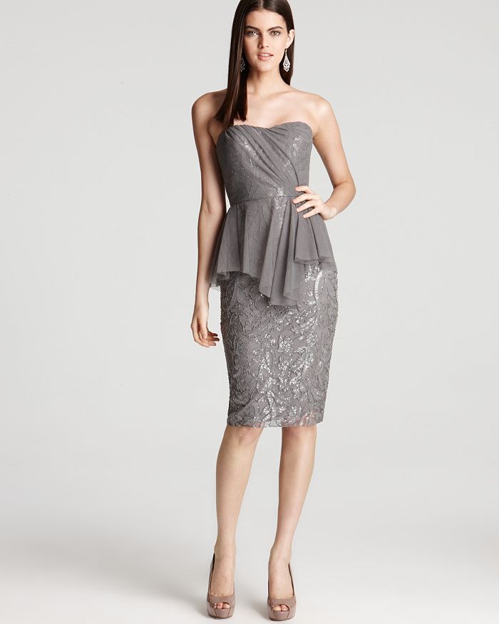 Badgley Mischka Strapless Dress - Lace Peplum | Bloomingdale's