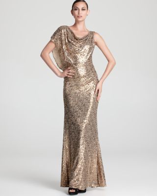 Badgley Mischka Sequin Gown - One Sleeve Cowl Neck | Bloomingdale's