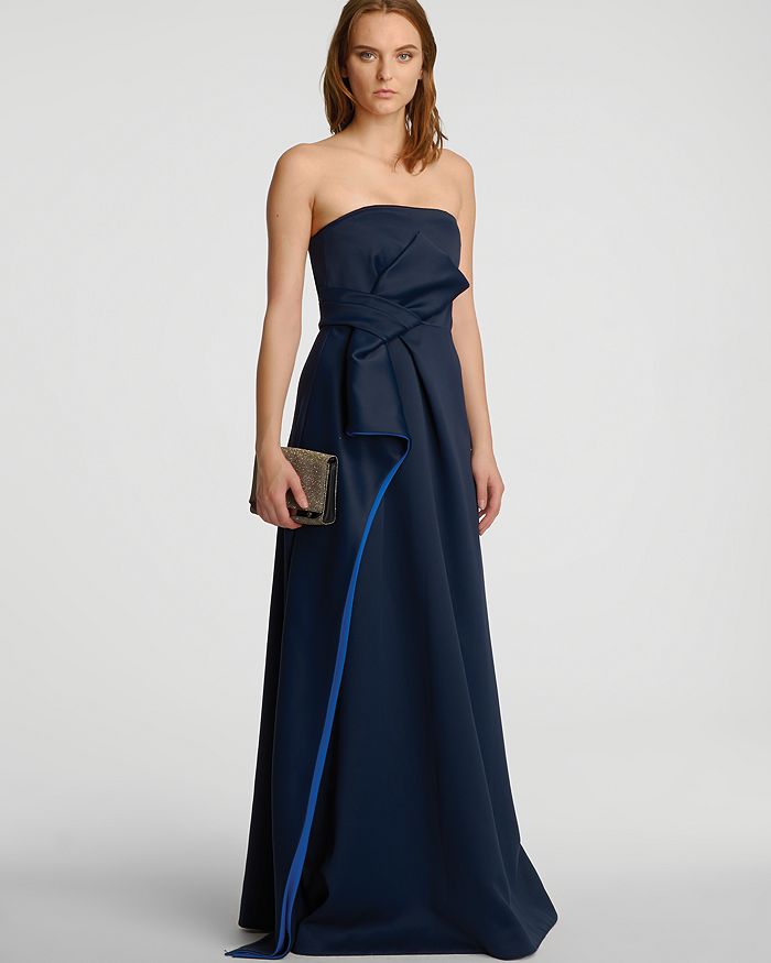 HALSTON HERITAGE HALSTON Strapless Bow and Color Block Detail Gown