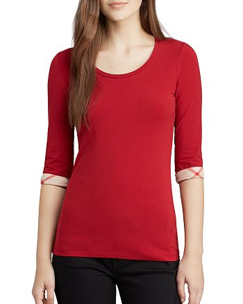 Burberry Scoop Neck Three Quarter Sleeve Tee with Check Cuffs |  Bloomingdale's