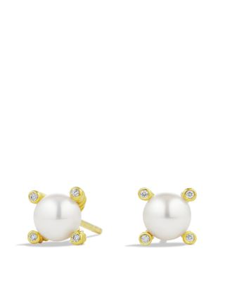 David Yurman - Cable Earrings with Diamonds & Cultured Freshwater Pearls in Gold, .03 tcw