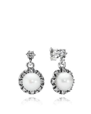 pandora silver pearl drop earrings