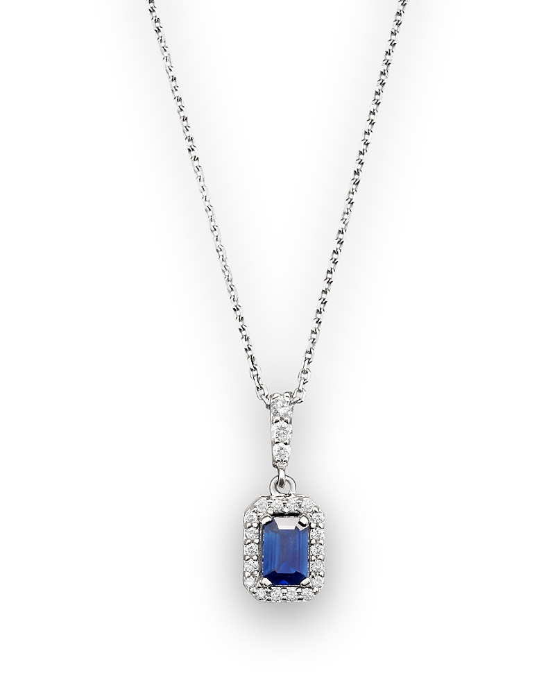 Blue Sapphire and Diamond Pendant Necklace in 14K White Gold, 16