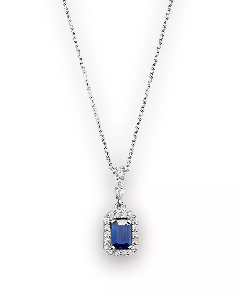 Blue Sapphire and Diamond Pendant Necklace in 14K White Gold, 16