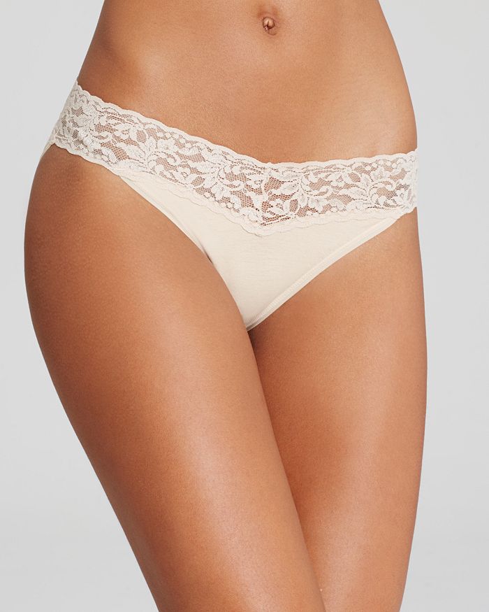 Shop Hanky Panky Cotton With A Conscience Lace V-kini In Chai