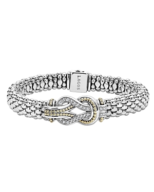 Lagos Sterling Silver And 18k Gold Newport Diamond Caviar Bracelet In White/gold