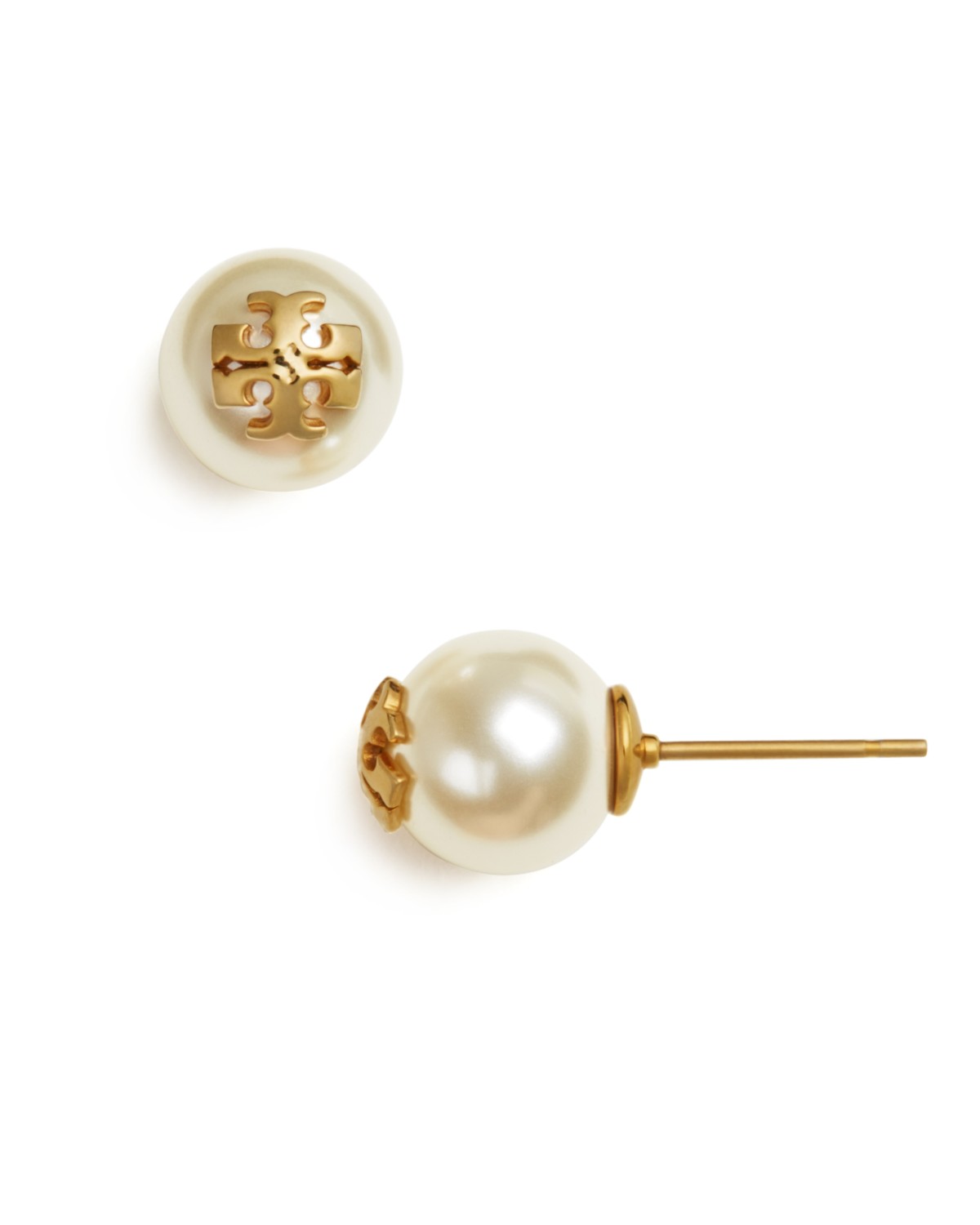 Tory Burch Logo Stud Earrings in White/Gold