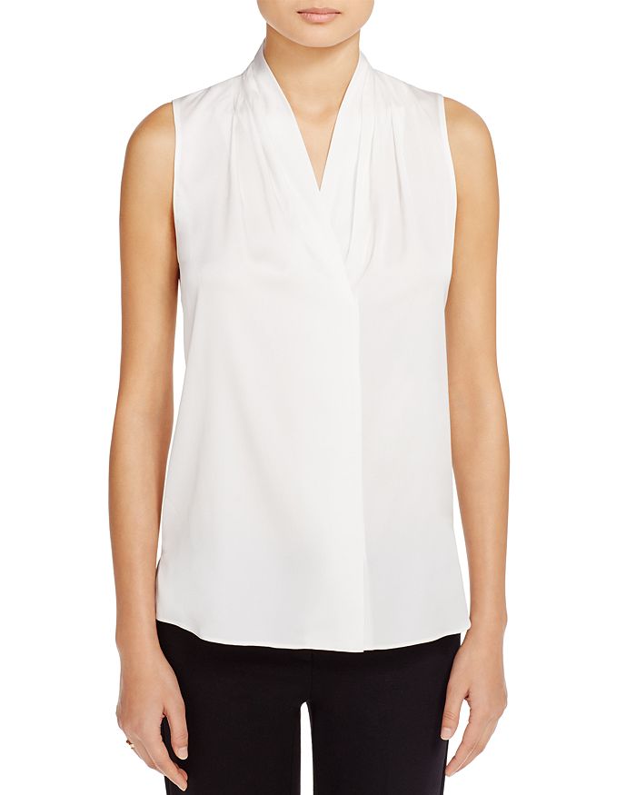 Shop Kobi Halperin Mila Sleeveless V Neck Pleated Silk Blouse In White