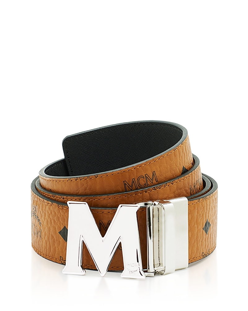 Mcm Visetos Engraved Logo Buckle Reversible Belt In Cognac/silver