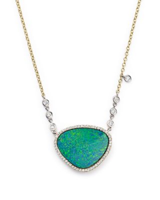 Meira T - 14K Yellow Gold and Opal Necklace with Diamond by the Yard Bezel Accents, 16"