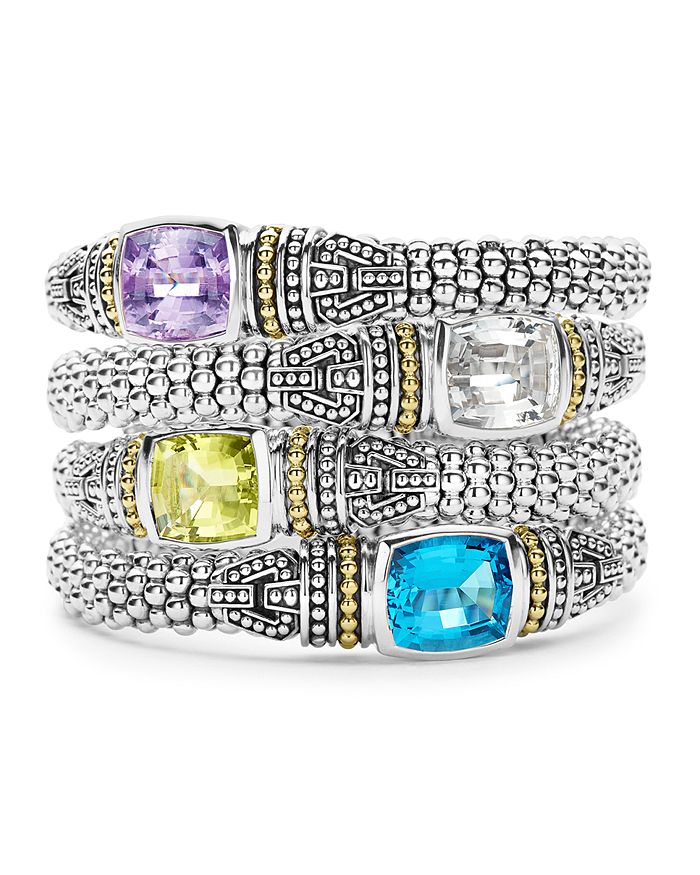 Lagos 18k Gold And Sterling Silver Caviar Color Bracelet With Swiss Blue Topaz In Swiss Blue Topaz