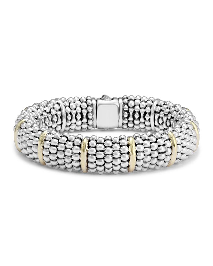 Shop Lagos Sterling Silver Signature Caviar Bracelet With 18k Yellow Gold Stations In Silver/gold