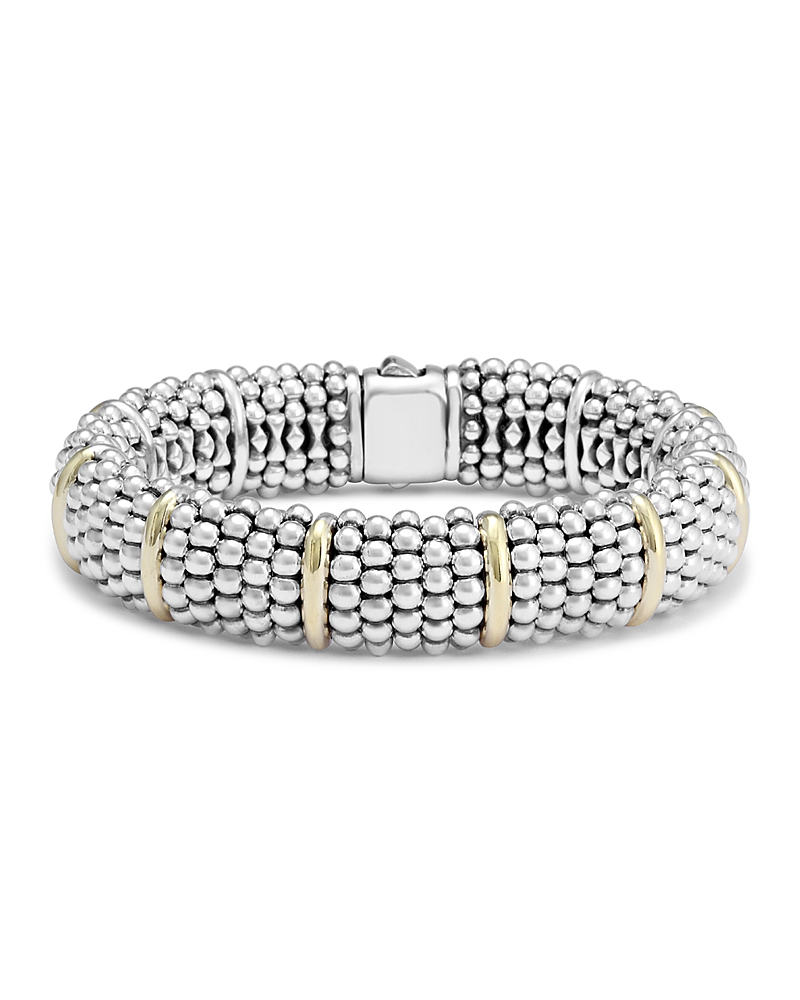 Lagos Sterling Silver Signature Caviar Bracelet With 18k Yellow Gold Stations In Silver