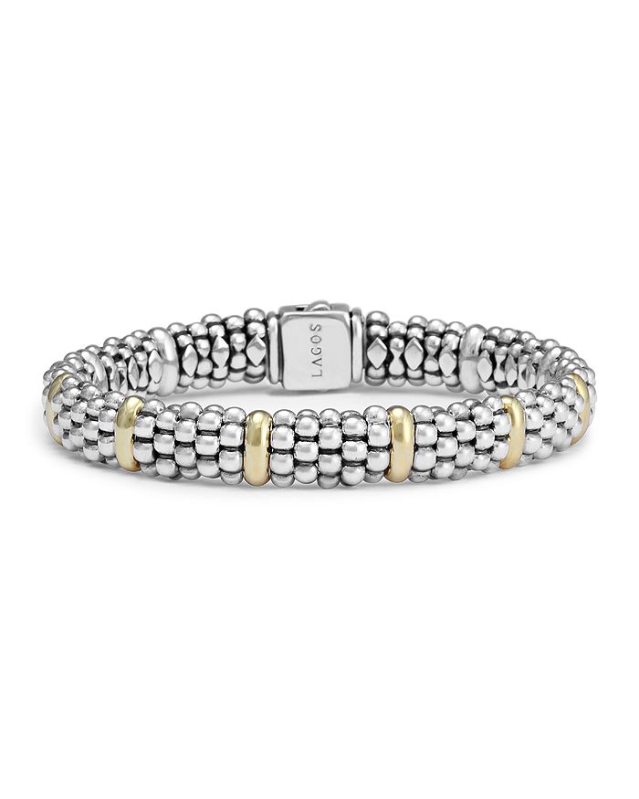 Shop Lagos Sterling Silver & 18k Yellow Gold Caviar Beaded Oval Bracelet In Silver/gold