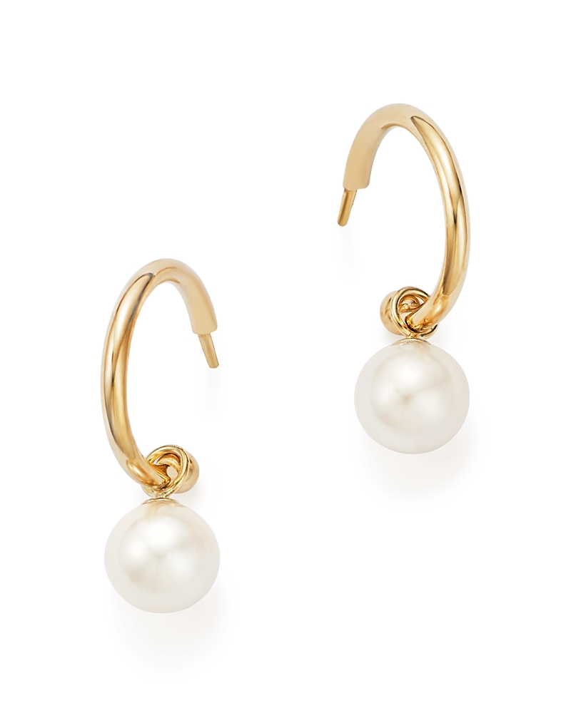 Cultured Freshwater Pearl Huggie Hoop Earrings in 14K Yellow Gold, 6mm