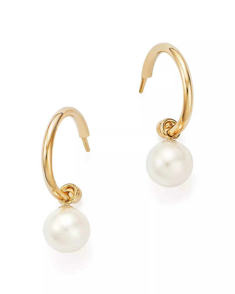 Cultured Freshwater Pearl Huggie Hoop Earrings in 14K Yellow Gold, 6mm