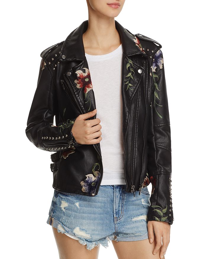 BLANKNYC Floral Embroidered Studded Faux Leather Moto Jacket
