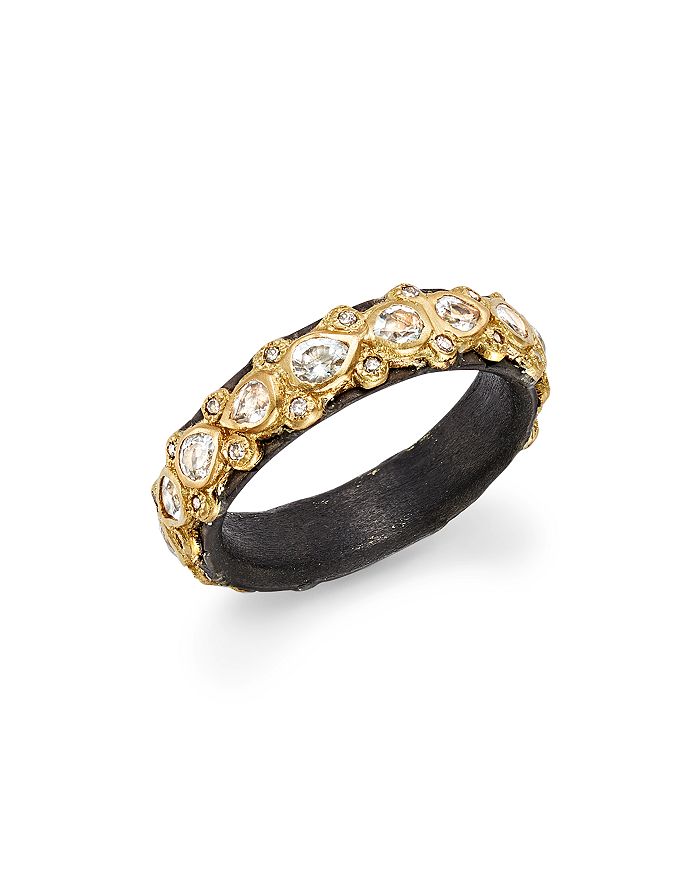 ARMENTA 18K YELLOW GOLD AND BLACKENED STERLING SILVER OLD WORLD DIAMOND AND WHITE SAPPHIRE STACKING RING,16880