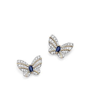 Diamond and Blue Sapphire Butterfly Stud Earrings in 14K Yellow Gold - 100% Exclusive