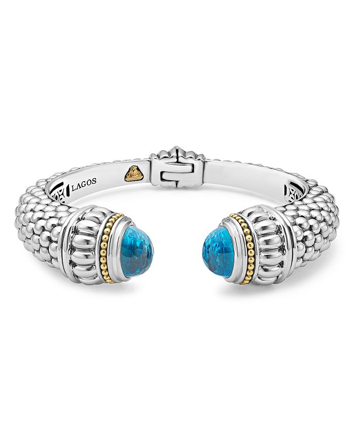 LAGOS 18K GOLD AND STERLING SILVER CAVIAR COLOR SWISS BLUE TOPAZ CUFF, 14MM,05-81233-BM