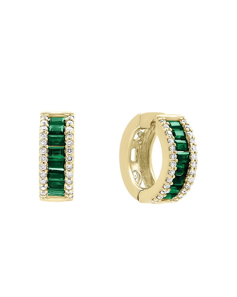 Emerald and Diamond Hoop Earrings in 14K Yellow Gold