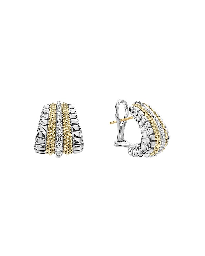 LAGOS 18K GOLD AND STERLING SILVER DIAMOND LUX GRADUATED HUGGIE EARRINGS,01-81594-DD