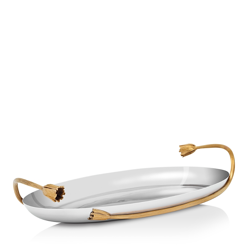 L'objet Deco Leaves Stainless Steel Oval Serving Tray In Silver