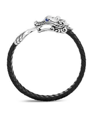 Men's Sterling Silver Legends Naga Bracelet with Braided Black Leather and Sapphire Eyes