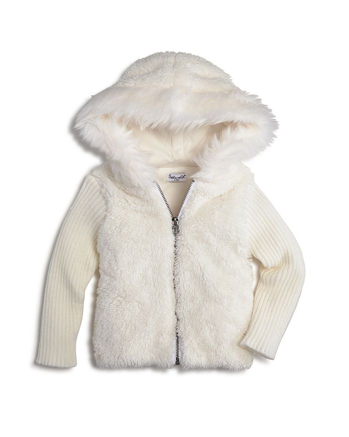 Splendid Girls Hooded Faux Fur Sweater with Knit Sleeves Baby