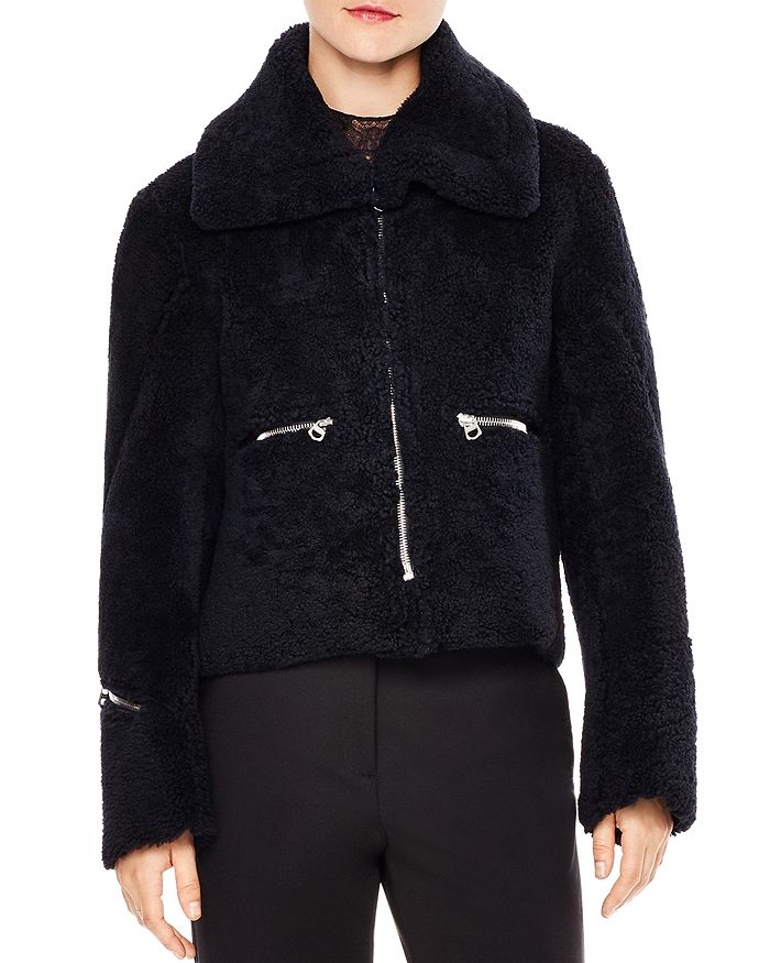 Sandro Julia Zipper Detail Cropped Real Lamb Shearling Jacket