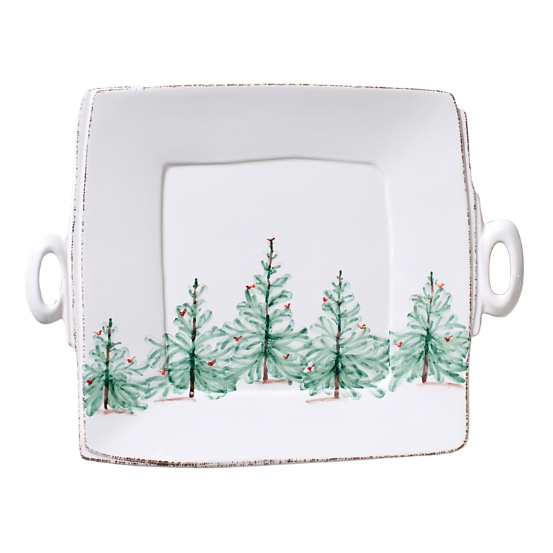 Vietri Lastra Holiday Handled Square Platter In White
