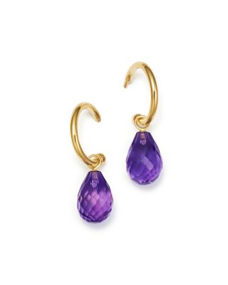 Amethyst Briolette Hoop Drop Earrings in 14K Yellow Gold  