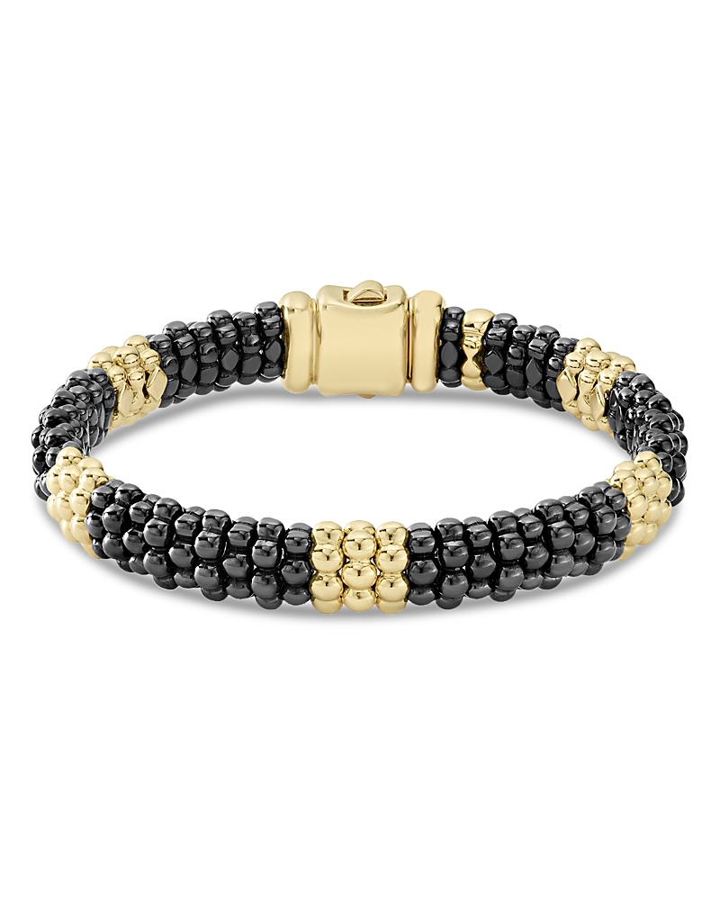 Lagos Gold & Black Caviar Collection 18k Gold & Ceramic Beaded Five Station Bracelet In Black/gold