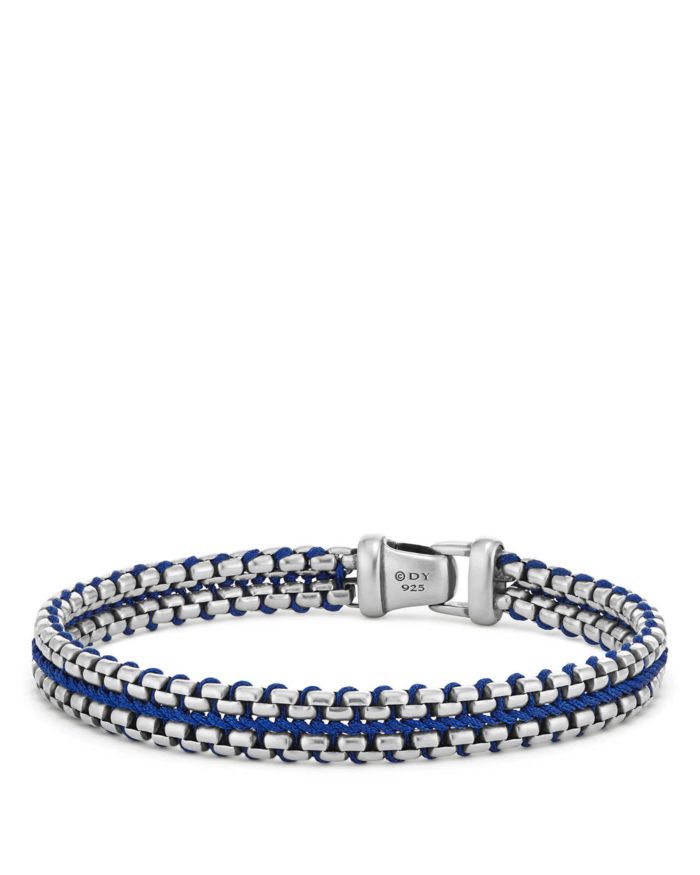 Woven Box Chain Bracelet Sterling Silver with Blue Nylon, 10mm