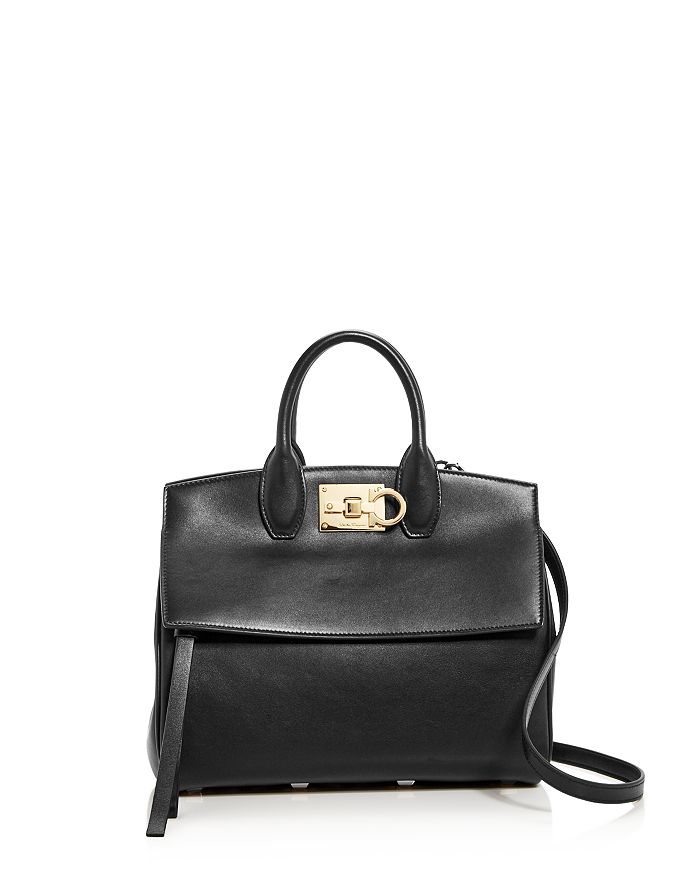 Ferragamo Studio Bag Small Leather Satchel In Smooth Black Leather/light Gold