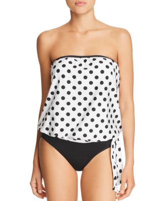 high waist tie front polka dot blouson tankini set