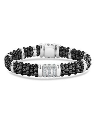 Sterling Silver Black Caviar Collection Pav&eacute; Diamond & Black Ceramic Station Bracelet