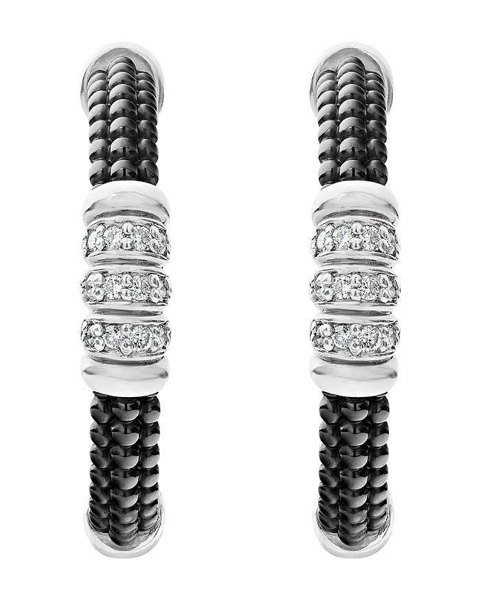 LAGOS STERLING SILVER BLACK CAVIAR DIAMOND & BLACK CERAMIC HOOP EARRINGS,01-81744-CB