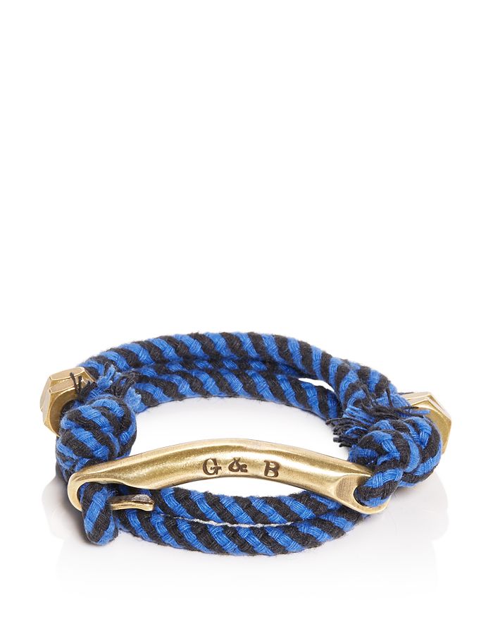 Giles & Brother Id Bar Wraparound Striped Rope Bracelet In Brass Blue
