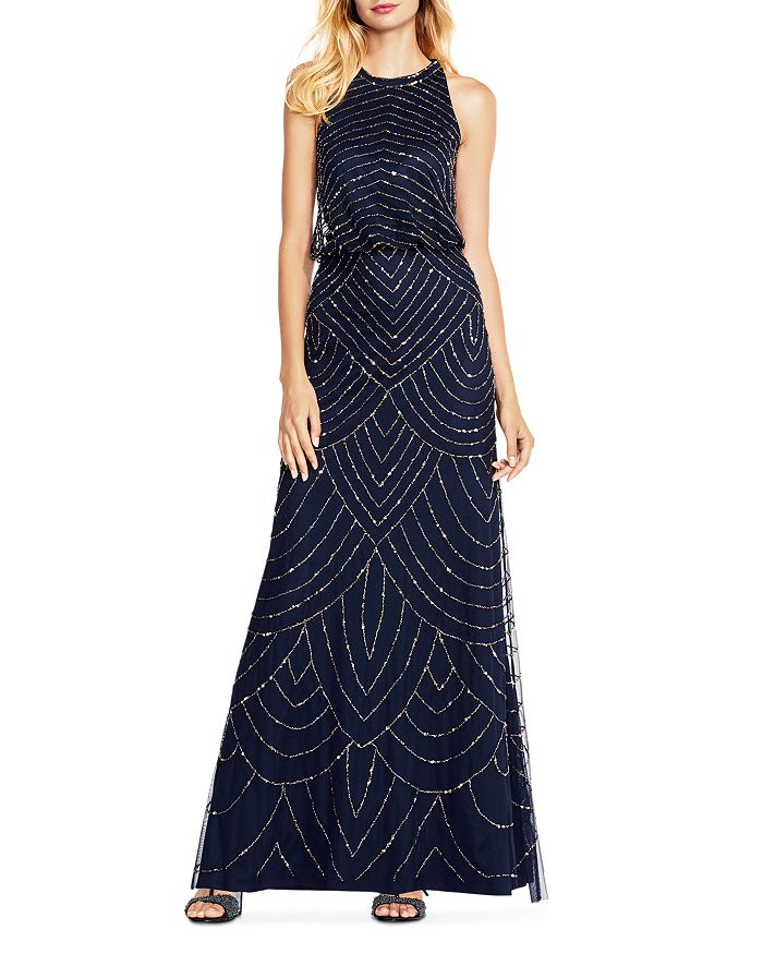 Adrianna Papell Sequined Blouson Gown In Navy