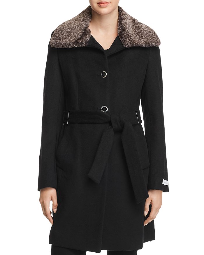 Calvin Klein Faux Fur Wing Collar Coat In Black | ModeSens