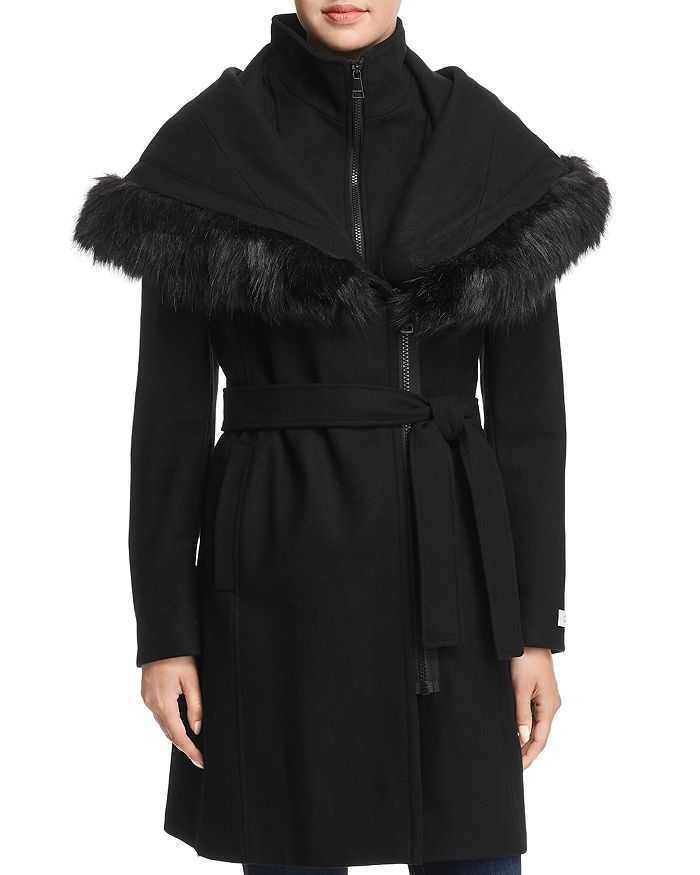 Calvin Klein Shawl Collar Faux Fur Trim Coat In Black | ModeSens