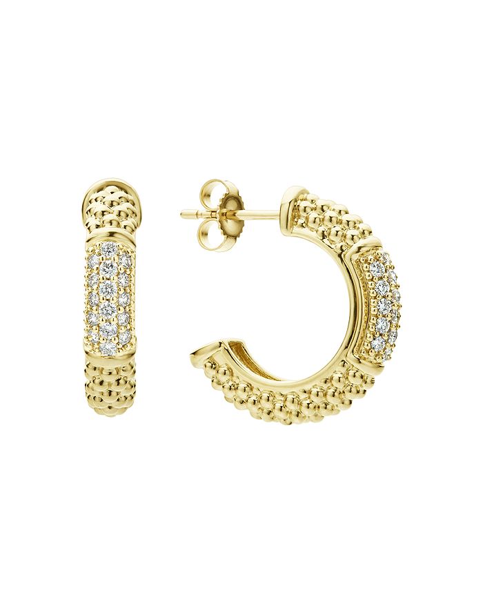 Shop Lagos 18k Yellow Gold Caviar Gold Pave Diamond Hoop Earrings In White/gold