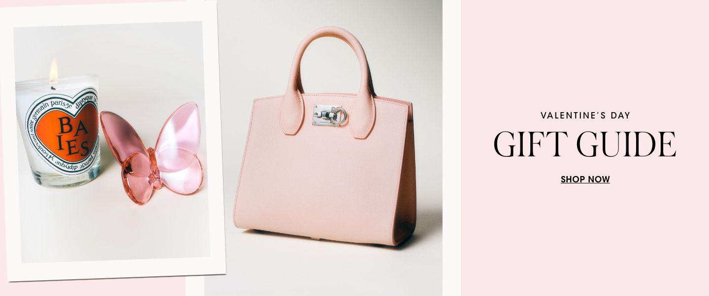 2 photos, 1st of a lit Diptyque Baies candle with a heart on the label and a pink Baccarat crystal butterfly, the 2nd of a light pink top handle bag.