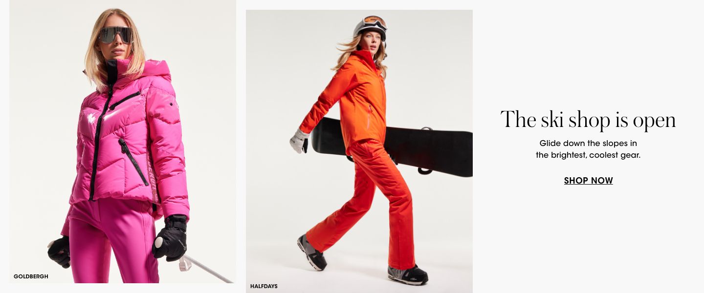 2 photos, 1st of female model in bright pink snow jacket and pants, holding a ski pole and wearing ski goggles, 2nd of female model in walking pose wearing a bright orange ski jacket and pants, holding a snowboard.