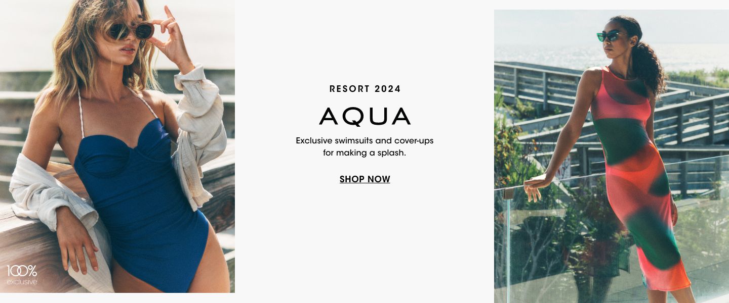 2 photos, 1st of female model leaning against a wood railing wearing a deep blue one piece swimsuit and sunglasses, 2nd of female model with the ocean behind her, wearing a bright orange and black cover up dress over an orange bikini.