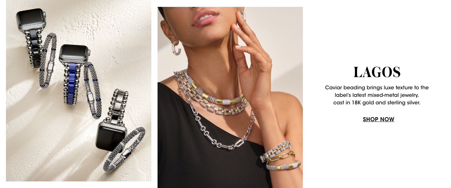 Lagos. Caviar beading brings luxe texture to the labels latest mixed metal jewelry, cast in eighteen karat gold and sterling silver.