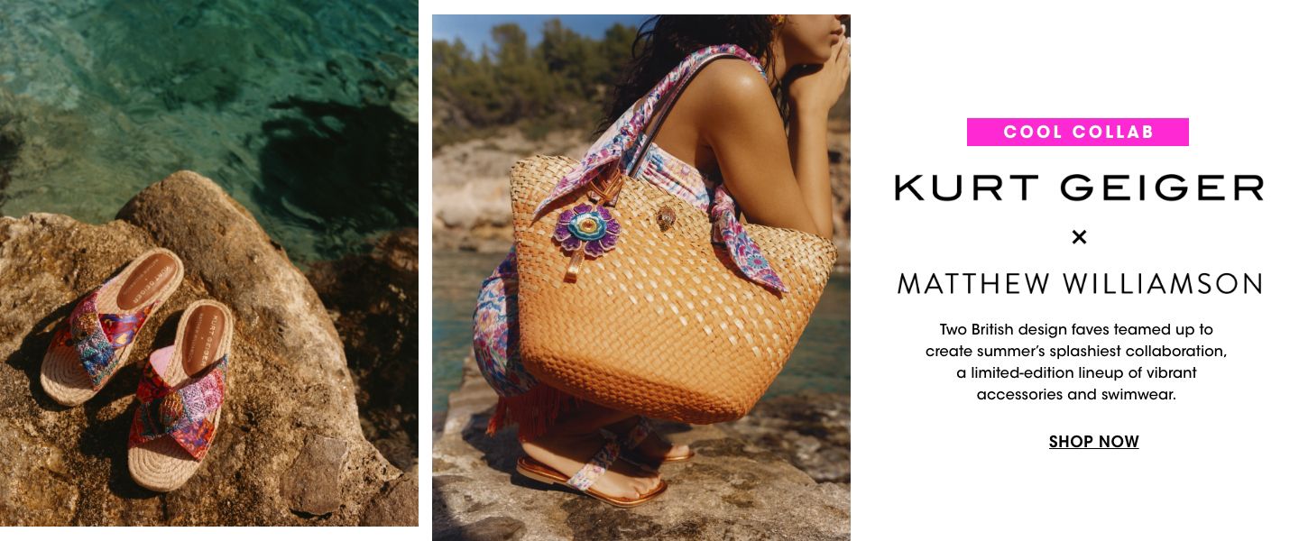 2 photos, 1st photo of a pair of woven, colorful printed crisscross sandals on top of a rock above lake water. 2nd photo a female model squatting on a rock ledge in a lake setting, wearing a colorful sundress, sandals and a large beige woven tote.