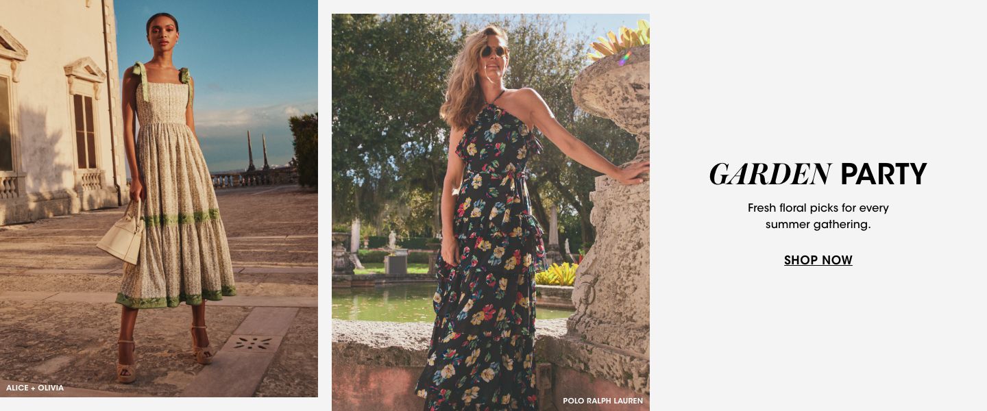 2 photos, left photo of a female model standing outside in a green and white halter neck, sleeveless midi floral dress. Right photo is a female model standing outside next to a stone urn wearing a floral black halter top maxi dress.